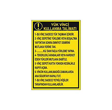 TKS 375 Yük Vinci Kullanma Talimatı Levhası