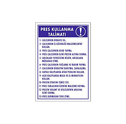 TKS 380 Pres Kullanma Talimatı Levhası
