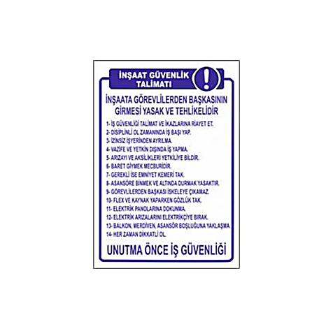 TKS 381 İnşaat Güvenlik Talimatı Levhası