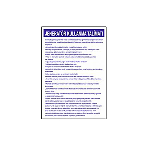 TKS 388 Jeneratör Kullanma Talimatı Levhası
