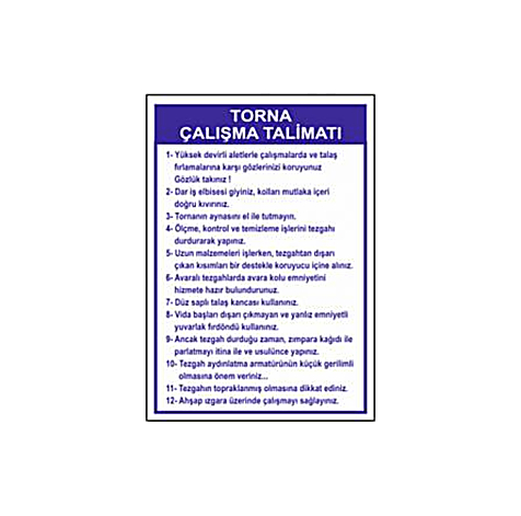 TKS 389 Torna Çalışma Talimatı Levhası